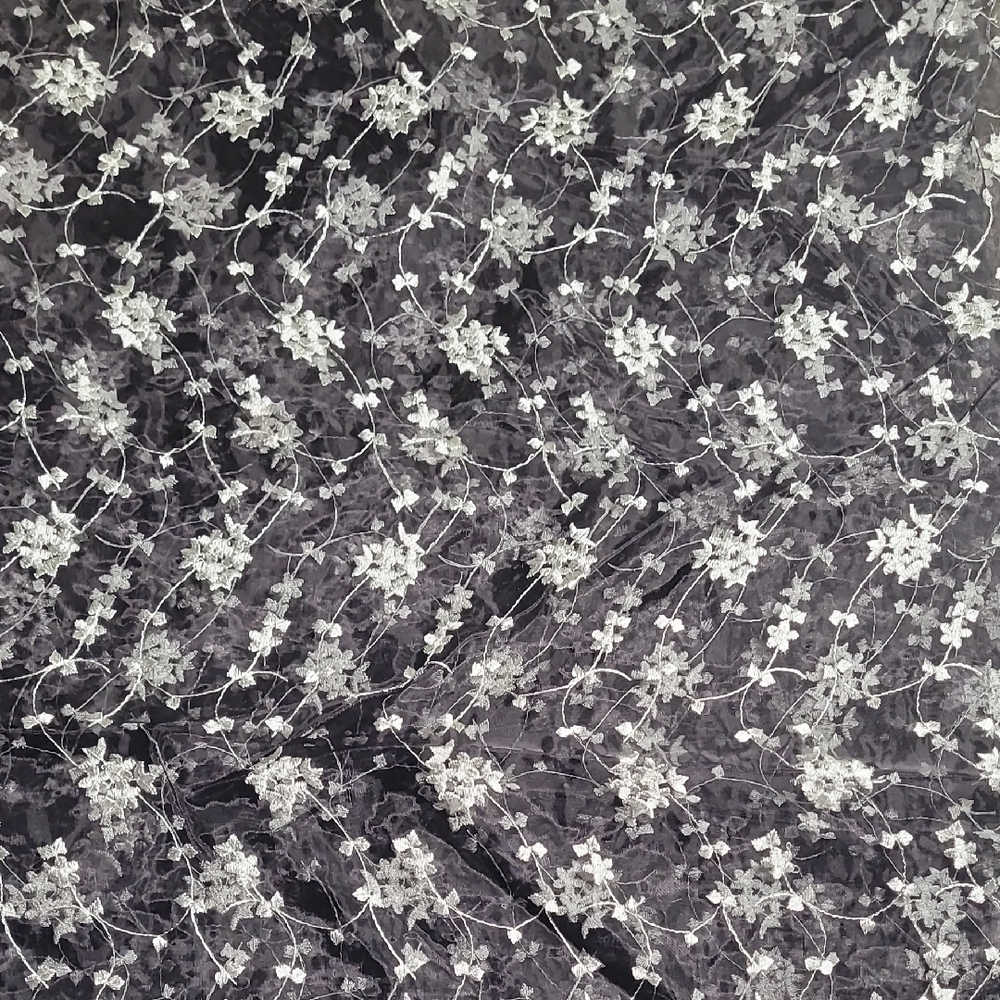 Floral Organza Fabric in Black/ White Flowers Trimmed In Scalloped Edging